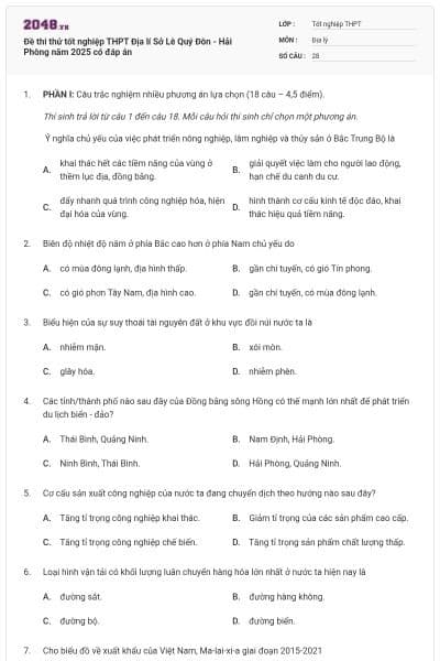 Đề thi thử tốt nghiệp THPT Địa lí Sở Lê Quý Đôn - Hải Phòng năm 2025 có đáp án