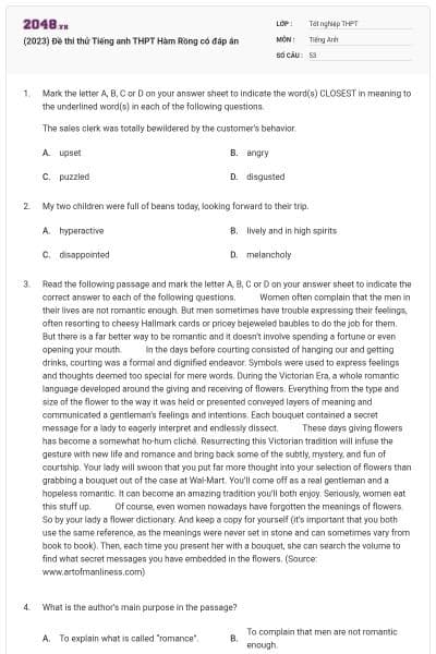 (2023) Đề thi thử Tiếng anh THPT Hàm Rồng có đáp án