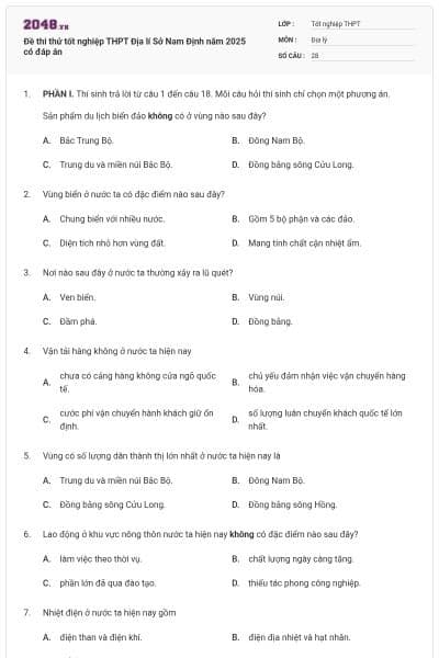 Đề thi thử tốt nghiệp THPT Địa lí Sở Nam Định năm 2025 có đáp án