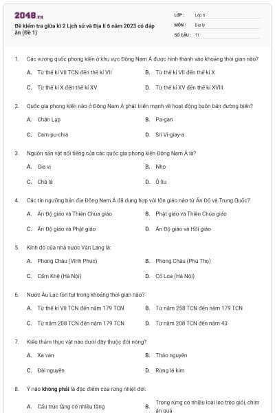 Đề kiểm tra giữa kì 2 Lịch sử và Địa lí 6 năm 2023 có đáp án (Đề 1)