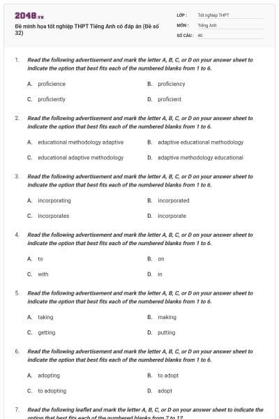 Đề minh họa tốt nghiệp THPT Tiếng Anh có đáp án (Đề số 32)