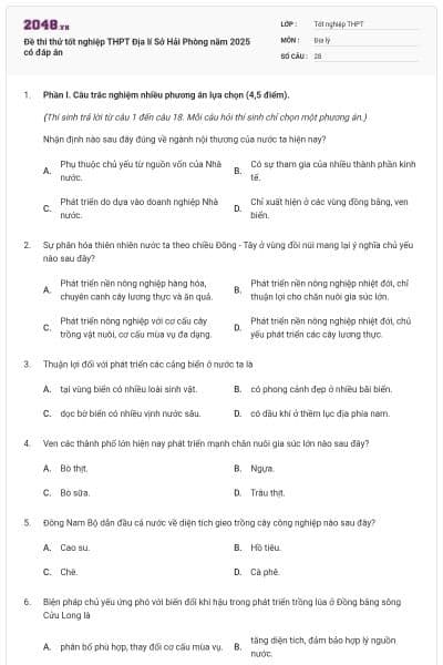 Đề thi thử tốt nghiệp THPT Địa lí Sở Hải Phòng năm 2025 có đáp án