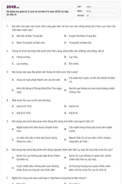 Đề kiểm tra giữa kì 2 Lịch sử và Địa lí 6 năm 2023 có đáp án (Đề 3)
