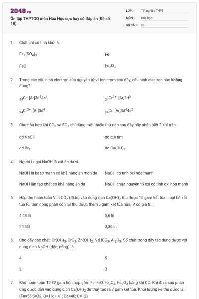 Ôn tập THPTGQ môn Hóa Học cực hay có đáp án (Đề số 18)