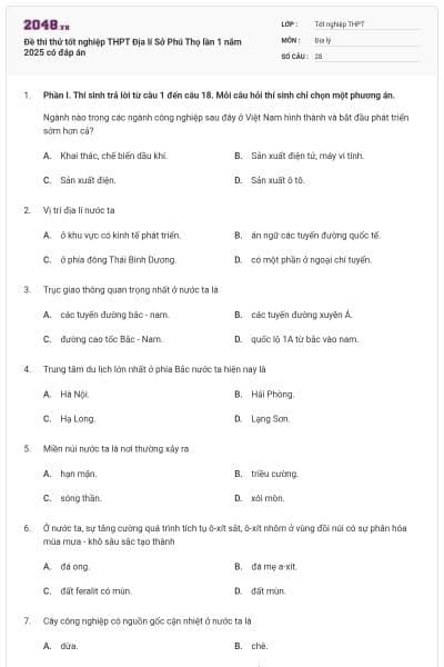 Đề thi thử tốt nghiệp THPT Địa lí Sở Phú Thọ lần 1 năm 2025 có đáp án