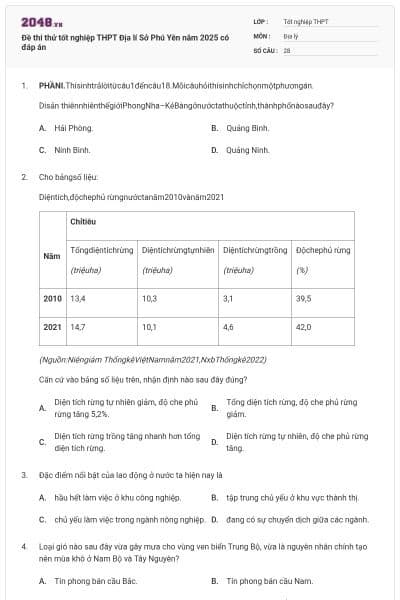 Đề thi thử tốt nghiệp THPT Địa lí Sở Phú Yên năm 2025 có đáp án