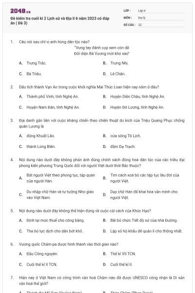 Đề kiểm tra cuối kì 2 Lịch sử và Địa lí 6 năm 2023 có đáp án ( Đề 3)