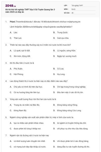 Đề thi thử tốt nghiệp THPT Địa lí Sở Tuyên Quang lần 3 năm 2025 có đáp án