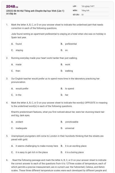 (2023) Đề thi thử Tiếng anh Chuyên Đại học Vinh (Lần 1) có đáp án