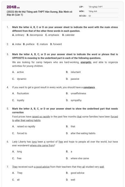 (2023) Đề thi thử Tiếng anh THPT Hàn Xương, Bắc Ninh có đáp án (Lần 1)