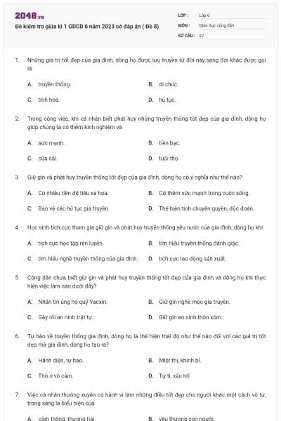 Đề kiểm tra giữa kì 1 GDCD 6 năm 2023 có đáp án ( Đề 8)