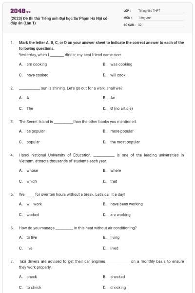 (2023) Đề thi thử Tiếng anh Đại học Sư Phạm Hà Nội có đáp án (Lần 1)