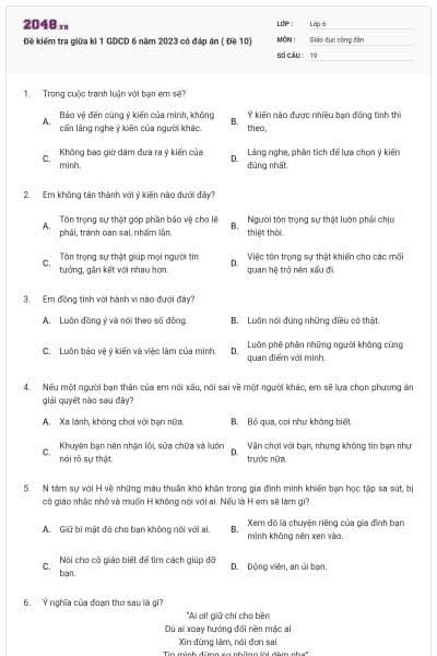 Đề kiểm tra giữa kì 1 GDCD 6 năm 2023 có đáp án ( Đề 10)