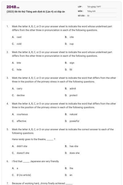 (2023) Đề thi thử Tiếng anh định kì (Lần 4) có đáp án