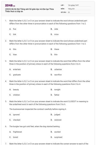 (2023) Đề thi thử Tiếng anh Sở giáo dục và đào tạo Thừa Thiên Huế có đáp án