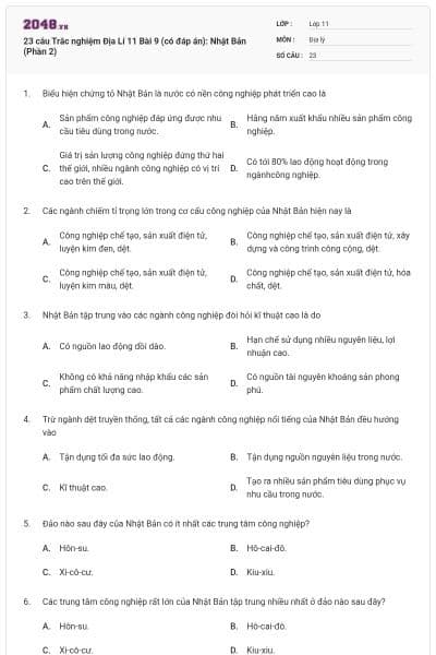 23 câu Trắc nghiệm Địa Lí 11 Bài 9 (có đáp án): Nhật Bản (Phần 2)