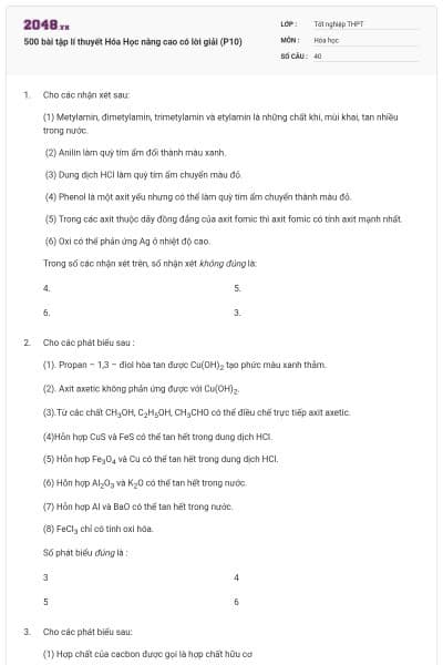 500 bài tập lí thuyết Hóa Học nâng cao có lời giải (P10)