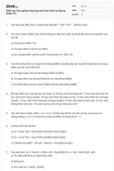 5920 câu Trắc nghiệm tổng hợp môn Toán 2023 có đáp án (Phần 31)