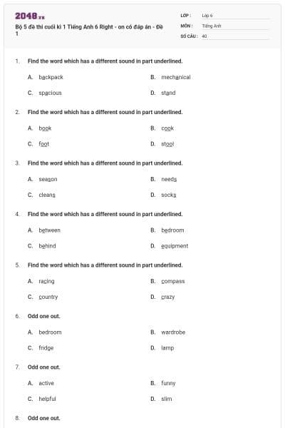 Bộ 5 đề thi cuối kì 1 Tiếng Anh 6 Right - on có đáp án - Đề 1
