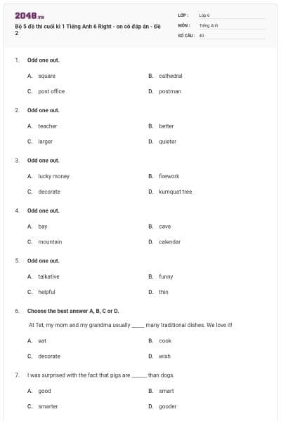 Bộ 5 đề thi cuối kì 1 Tiếng Anh 6 Right - on có đáp án - Đề 2