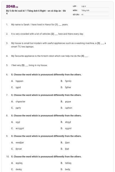 Bộ 5 đề thi cuối kì 1 Tiếng Anh 6 Right - on có đáp án - Đề 4