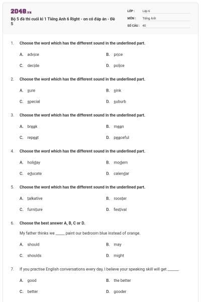 Bộ 5 đề thi cuối kì 1 Tiếng Anh 6 Right - on có đáp án - Đề 5
