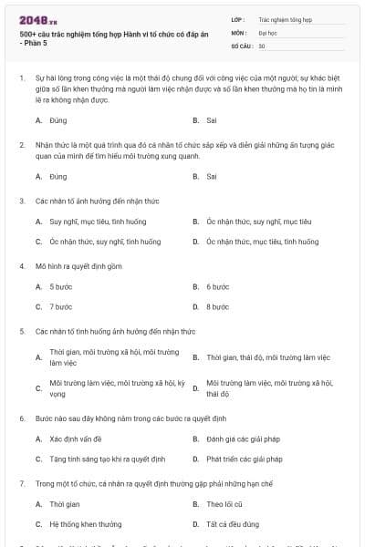 500+ câu trắc nghiệm tổng hợp Hành vi tổ chức có đáp án - Phần 5
