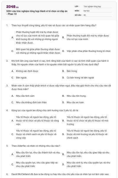 500+ câu trắc nghiệm tổng hợp Hành vi tổ chức có đáp án - Phần 10