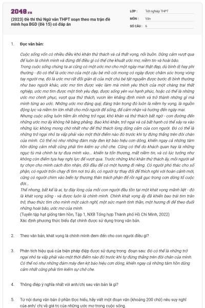 (2023) Đề thi thử Ngữ văn THPT soạn theo ma trận đề minh họa BGD (Đề 15) có đáp án