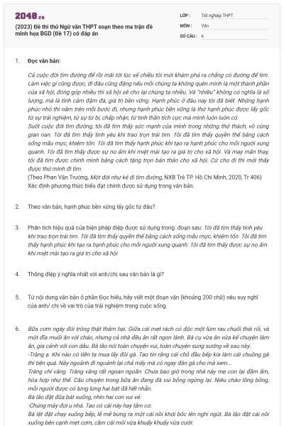 (2023) Đề thi thử Ngữ văn THPT soạn theo ma trận đề minh họa BGD (Đề 17) có đáp án