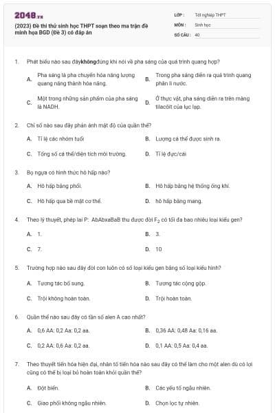 (2023) Đề thi thử sinh học THPT soạn theo ma trận đề minh họa BGD (Đề 3) có đáp án