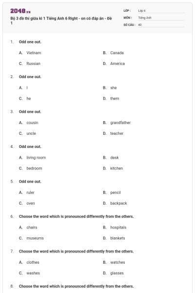 Bộ 3 đề thi giữa kì 1 Tiếng Anh 6 Right - on có đáp án - Đề 1
