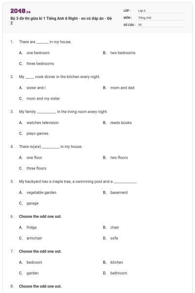 Bộ 3 đề thi giữa kì 1 Tiếng Anh 6 Right - on có đáp án - Đề 2