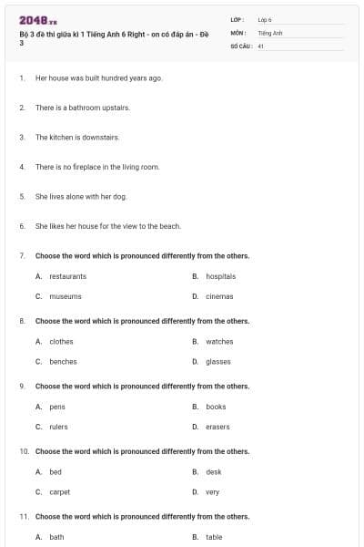 Bộ 3 đề thi giữa kì 1 Tiếng Anh 6 Right - on có đáp án - Đề 3