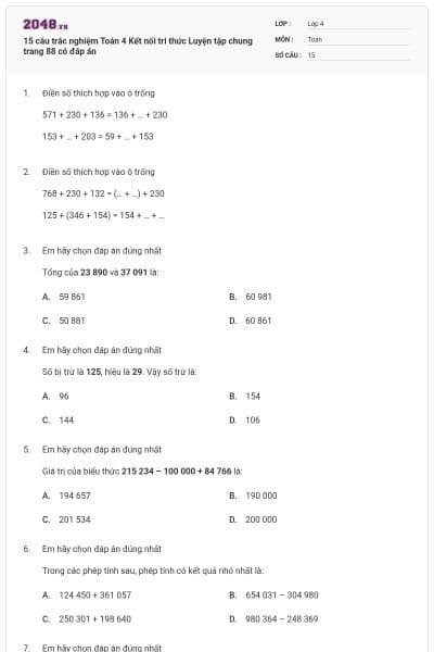 15 câu trắc nghiệm Toán 4 Kết nối tri thức Luyện tập chung trang 88 có đáp án