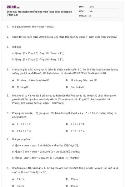 5920 câu Trắc nghiệm tổng hợp môn Toán 2023 có đáp án (Phần 32)