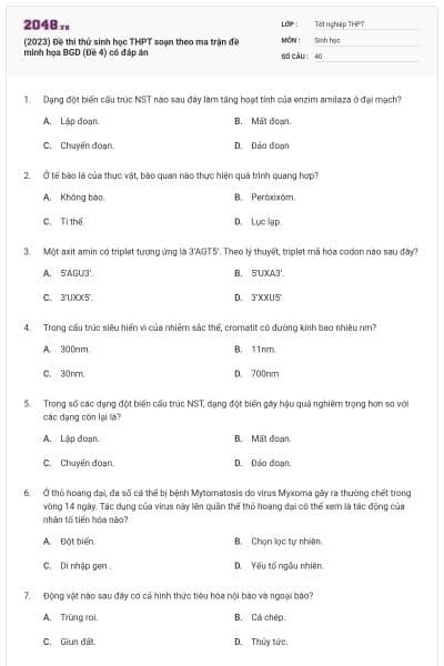 (2023) Đề thi thử sinh học THPT soạn theo ma trận đề minh họa BGD (Đề 4) có đáp án
