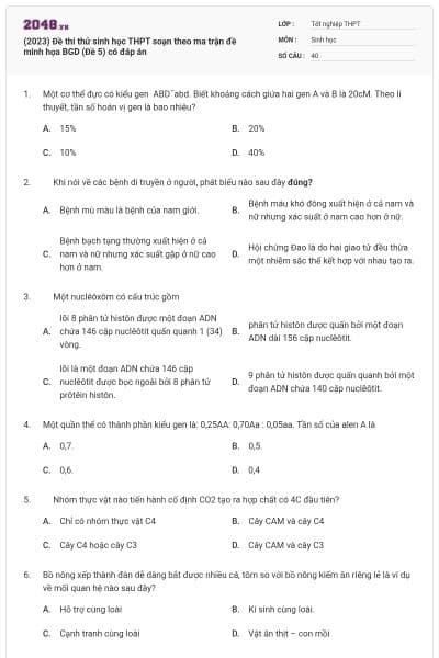 (2023) Đề thi thử sinh học THPT soạn theo ma trận đề minh họa BGD (Đề 5) có đáp án