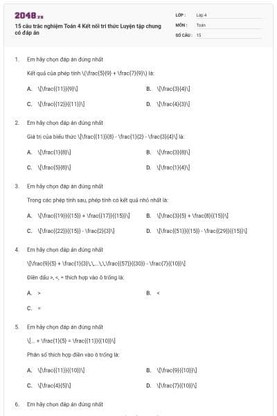 15 câu trắc nghiệm Toán 4 Kết nối tri thức Luyện tập chung có đáp án