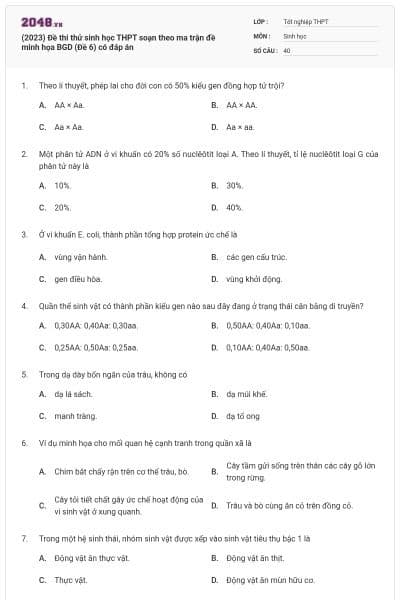 (2023) Đề thi thử sinh học THPT soạn theo ma trận đề minh họa BGD (Đề 6) có đáp án