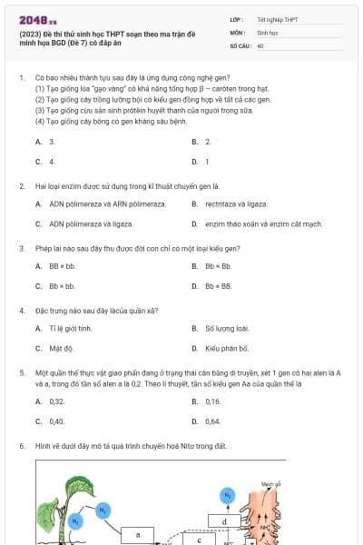 (2023) Đề thi thử sinh học THPT soạn theo ma trận đề minh họa BGD (Đề 7) có đáp án