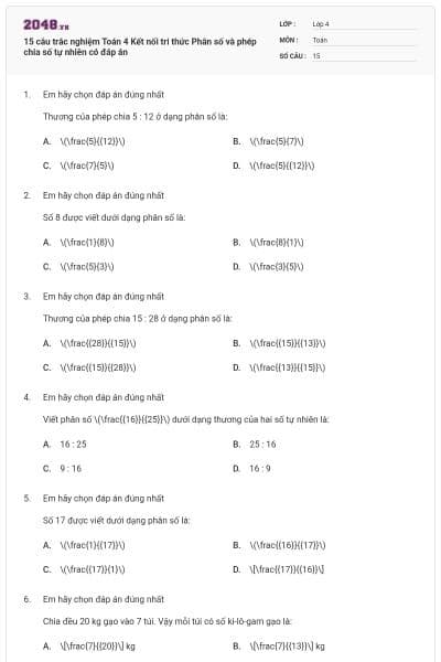 15 câu trắc nghiệm Toán 4 Kết nối tri thức Phân số và phép chia số tự nhiên có đáp án