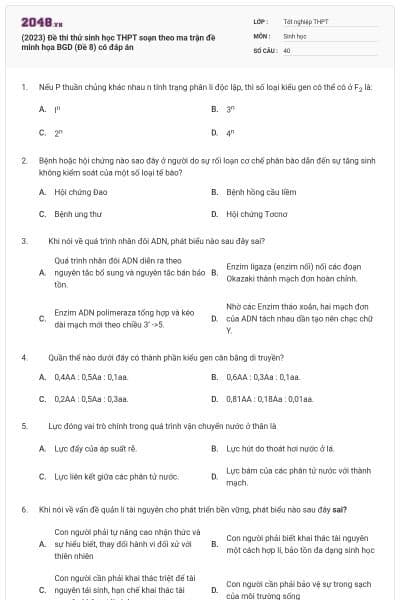 (2023) Đề thi thử sinh học THPT soạn theo ma trận đề minh họa BGD (Đề 8) có đáp án