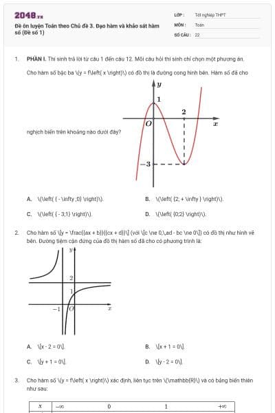 Đề ôn luyện Toán theo Chủ đề 3. Đạo hàm và khảo sát hàm số (Đề số 1)