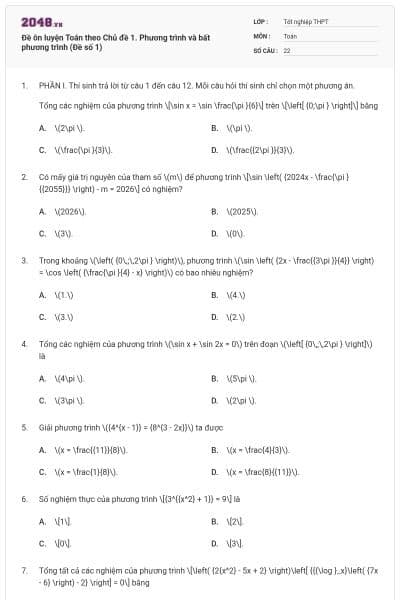 Đề ôn luyện Toán theo Chủ đề 1. Phương trình và bất phương trình (Đề số 1)