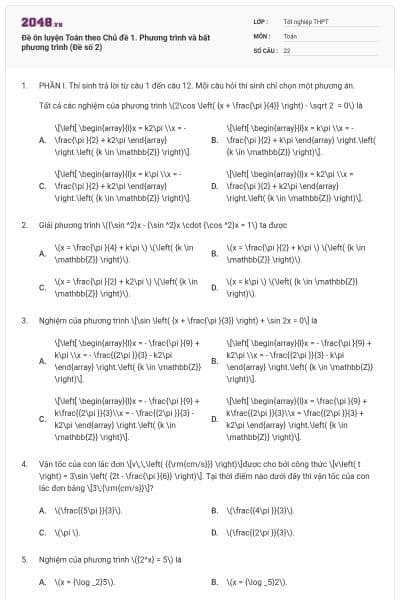 Đề ôn luyện Toán theo Chủ đề 1. Phương trình và bất phương trình (Đề số 2)
