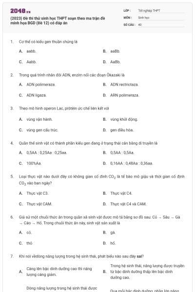 (2023) Đề thi thử sinh học THPT soạn theo ma trận đề minh họa BGD (Đề 12) có đáp án