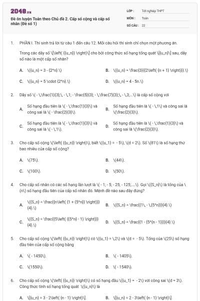 Đề ôn luyện Toán theo Chủ đề 2. Cấp số cộng và cấp số nhân (Đề số 1)