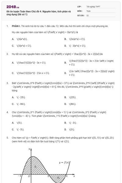 Đề ôn luyện Toán theo Chủ đề 4. Nguyên hàm, tích phân và ứng dụng (Đề số 1)