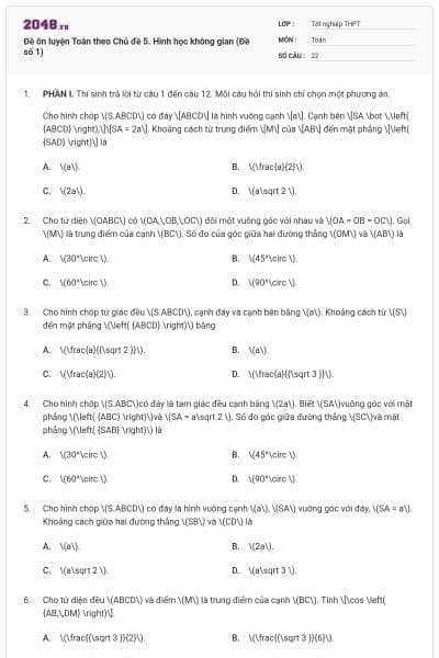 Đề ôn luyện Toán theo Chủ đề 5. Hình học không gian (Đề số 1)